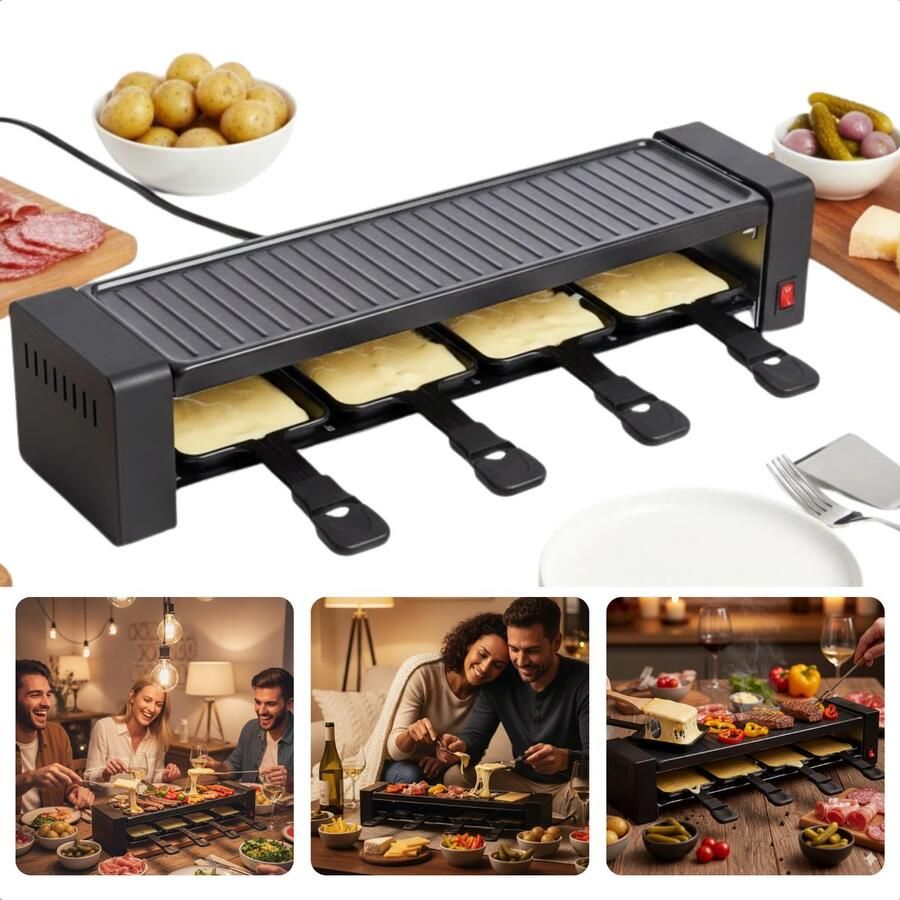 Cheqo Raclette Grill Gourmetset Raclette Gourmet Set met Grillpannetjes en Houten Lepels Verwijderbare Grillplaat Indicatielampje Gourmet En Raclette Mini-Pannetje Gourmetten