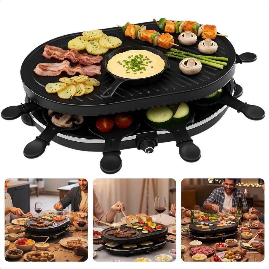 Cheqo Raclette Grill – Gourmetstel voor 8 Personen – Bakplaat Verwijderbare Grillplaat – Inclusief Gourmetpannetjes & Spatels – 1200 Watt Vermogen – Eenvoudig Schoon te Maken – Elektrisch Gourmetstel Gourmetten Bakplaat