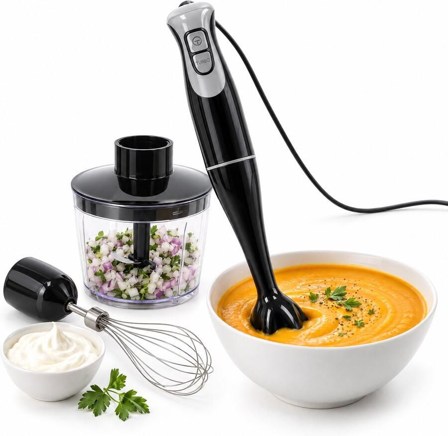Cheqo Staafmixer Set 300W met Garde en Hakmolen Staafmixerset Handblender met Turbofunctie Staafblender Pureerstaaf voor Soep Hakselaar Klopper RVS Messen 2 Snelheden Mixer Set Smoothie Mixer Keukenmixer Zwart Grijs