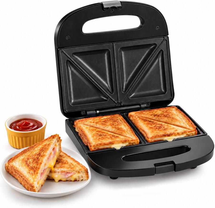 Cheqo Tosti Apparaat 700W Tosti IJzer Sandwichmaker voor 2 Sandwiches Sandwichtoaster Tostimaker Driehoek Croque Monsieur Machine PFAS-Vrije Anti-Aanbaklaag Verticaal Opbergbaar Indicatielampjes Antislip Voetjes Zwart