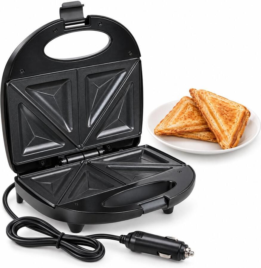 Cheqo Tosti Apparaat Auto Tosti-IJzer 12V Sandwichmaker Sandwichtoaster voor 2 Tosti's Tostimaker voor Camper Croque-Monsieur Machine Sandwichapparaat voor Onderweg Camping Tosti-IJzer Tosti-Apparaat voor Sigarettenaansteker