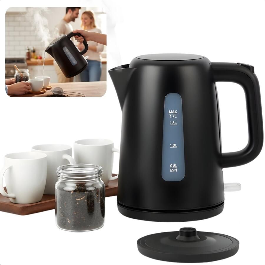 Cheqo Waterkoker – Mat Zwarte Waterkoker – Snoerloos Design – Water Koker Water Koken – Waterniveau-Indicator – Verborgen Verwarmingselement – Automatische Uitschakeling – Verlichte Aan Uit-Schakelaar Theekan