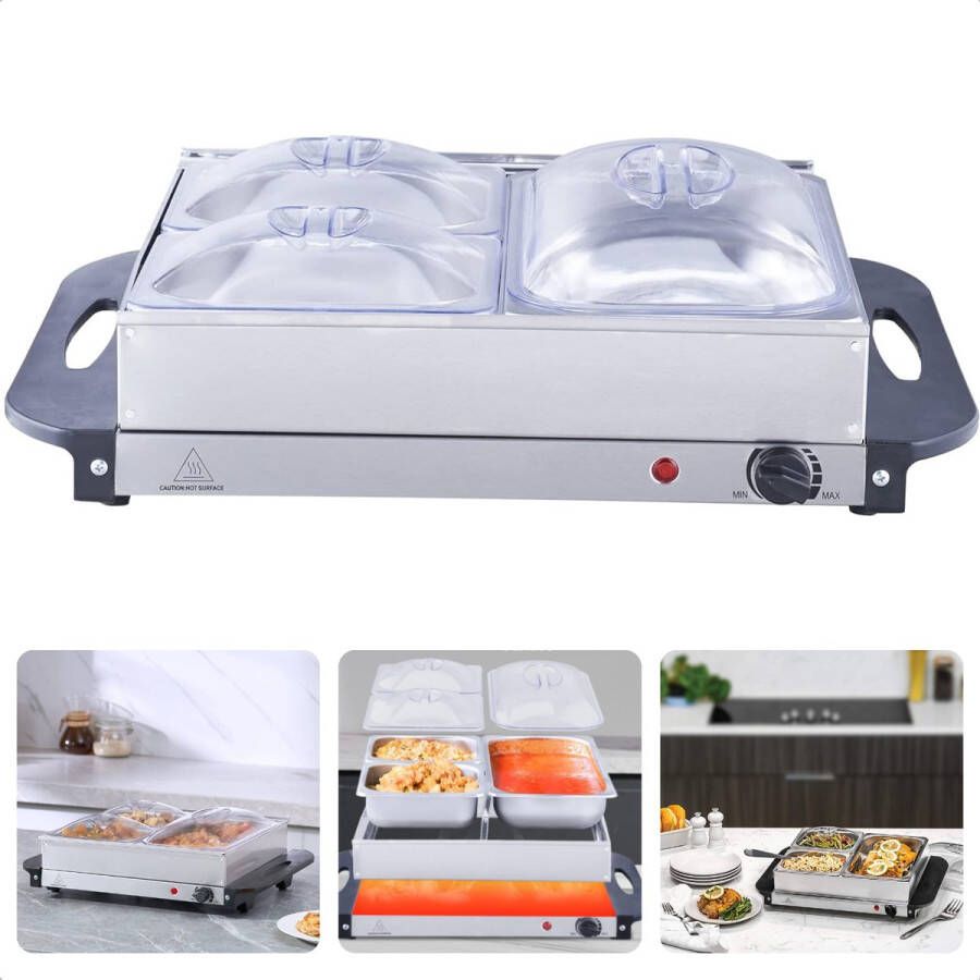 Cheqo Elektrische Buffetwarmer met Warmhoudplaat Warmhoudbakken Warmhoudschalen Voedsel Verwamer 2x2.4 Liter Geïsoleerde Handgrepen Variabel Instelbare Temperatuur Inclusief EBOOK
