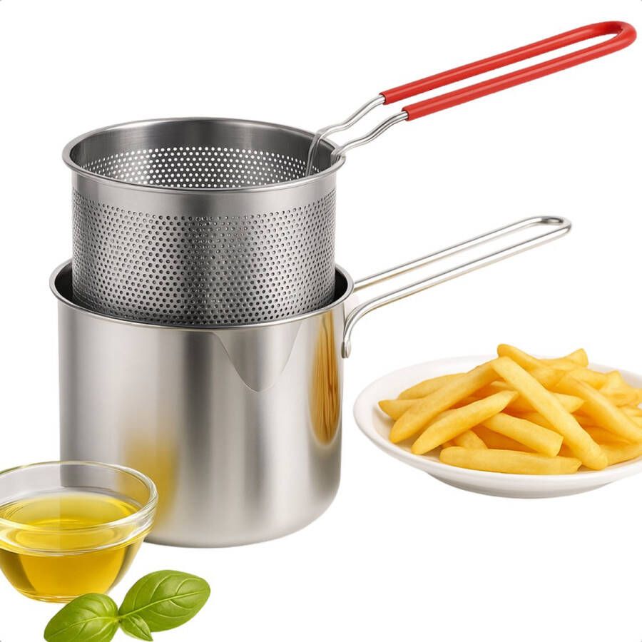 Cheqo Frituurpan met Korf Voor Fornuis Frituur Pan RVS 1.2L Geschikt Voor Gas Inclusief Frituurmandje