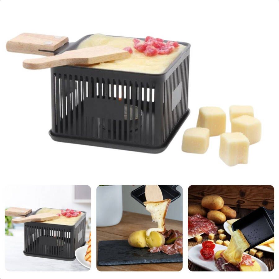 Cheqo Kaasraclette Mini Raclette Grill voor Kaas Smelten Compact Tafel Raclette met Kaasfondue Set 1 Persoon Met Houten Spateltje Gebruik met Waxinelichtje 10 x 10 x 6.5 cm Inclusief EBOOK