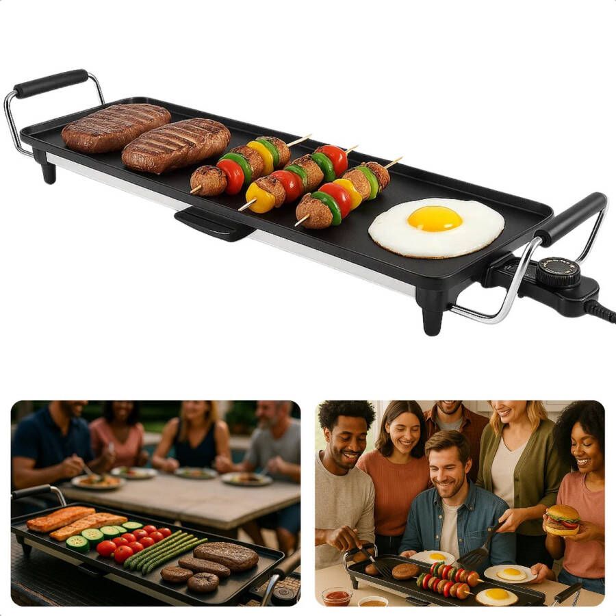 Cheqo Teppanyaki Grillplaat XL Bakplaat 1800W Vermogen Tafelgrill Instelbare Thermostaat Social Dining Elektrisch Koken Gemakkelijk Te Reinigen Met Vet Lekbakje Handvatten Gourmet Grillplaat Grote Grilloppervlak