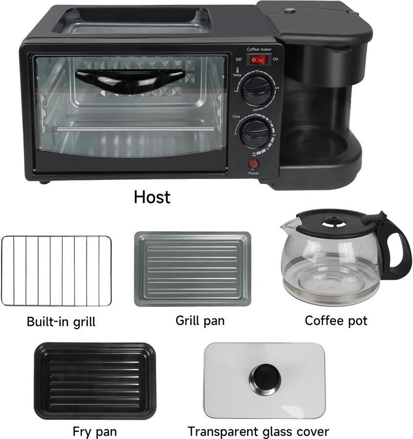 Cherrys Finds 3-in-1 Ontbijtstation – Mini Oven 9L + Koffiezetapparaat 600ml + Grillplaat – Compact Keukenapparaat – 230°C – Zwart