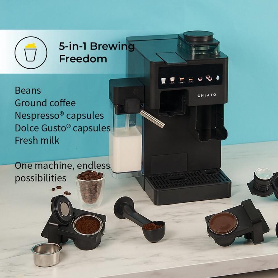 CHiATO coffeePLAY 5-in-1 Espresso Machine with Grinder & Milk System Grey