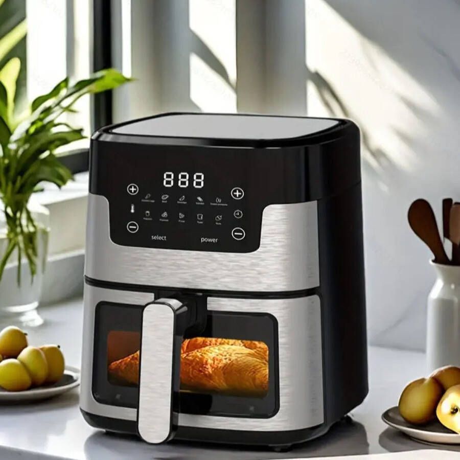 CHIWIN Airfryer 5L Heteluchtfriteuse met Touchscreen 1350W 10 Automatische Menu's Zonder Olie Multifunctioneel (Bakken Grillen Ontdooien) Visueel Koken RVS + Veiligheidsglas voor Gezinnen en Grote Porties of Meal Prepping