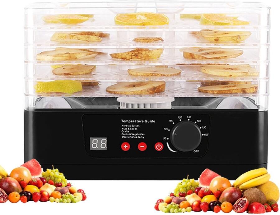 CHIWIN Voedseldroger Fruit met Digitaal Display 350W Droogoven kruiden met 5 Droogroosters Dehydrator Ruime Capaciteit Temperatuurregeling 35°C tot 68°C Flexibele Timer 1 tot 48 uur Zwart