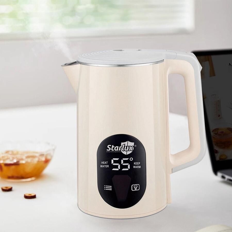 CHIWIN Waterkoker Dubbelwand RVS 2L Electrische Waterkoker met Temperatuurregeling 1500W Snelle Verwarming Automatische Constante Temperatuur(55°C-98°C) Veilig en Energiezuini Droogkookbeveiliging Beige