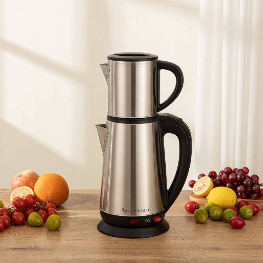 CHIWIN Electrische Waterkoker 1.8L met Theepot 0.8L & Theezeef 1800W Snelle Verwarming Automatische Uitschakeling Droogkookbeveiliging 360° Draaibare Basis Veilig en Energiezuinig RVS Zwart