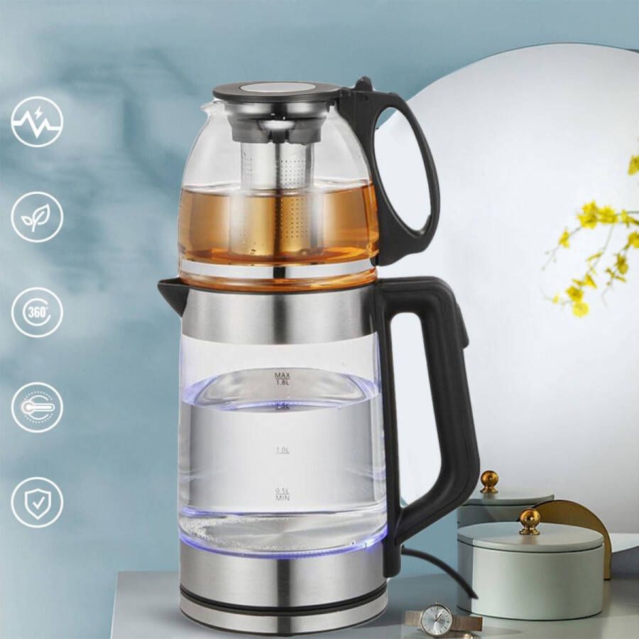 CHIWIN Electrische Waterkoker 1.8L met Theepot 1.2L & Ingebouwde Theezeef 2-in-1 Design 1500W Snelle Verwarming Waterniveau-Indicator Automatische Uitschakeling Borosilicaatglazen & RVS Zwart