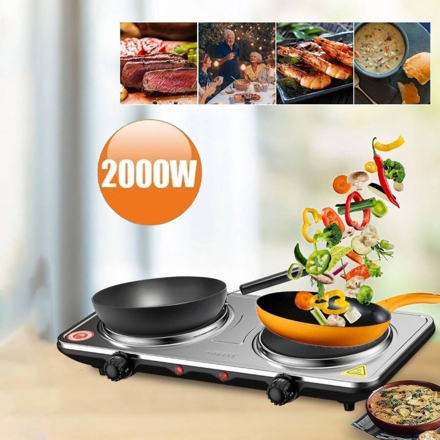CHIWIN Elektrische Kookplaat 2000W Dubbele Kookplaat RVS Vrijstaand 5 Standen Elektrische Kookplaat Geschikt voor Alle Pannen