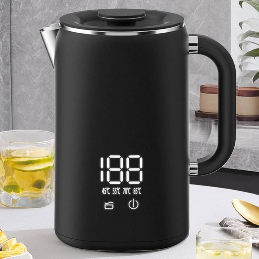 CHIWIN Waterkoker met Temperatuurregeling 1.7L Electrische Waterkoker 1500W Snelle Verwarming 5 Standen (45°C-100°C) LED Display Dubbelwandig Warmhoudstanden Droogkookbeveiliging 304 RVS Binnenkant Zwart