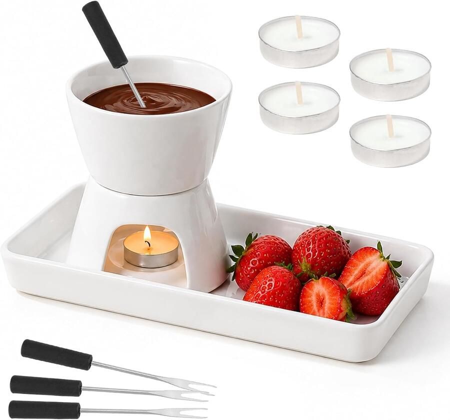 Chocolade Fondue Set Wit Keramische Pan met Borden en Vorken Voor Gezellige Avonden