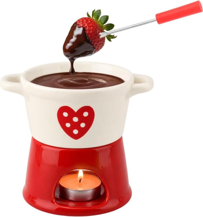 Chocoladefonduebeker Mini-fonduebeker -Fonduebeker – Keramische chocoladesmeltbeker Creatieve fonduebeker Smeltbeker voor warme chocolademelk Verwarmde smeltbeker Verwarmde boter- en kaasbeker Met vork Kaars niet inbegrepen Rood