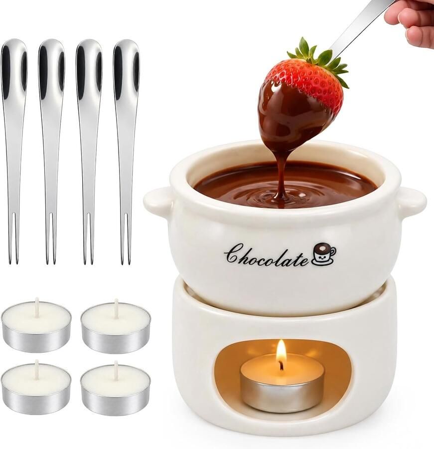 Chocoladefonduekop Wit Keramische Fondue Set met Vorken en Theelichtjes Voor Gezellige Dessertmomenten