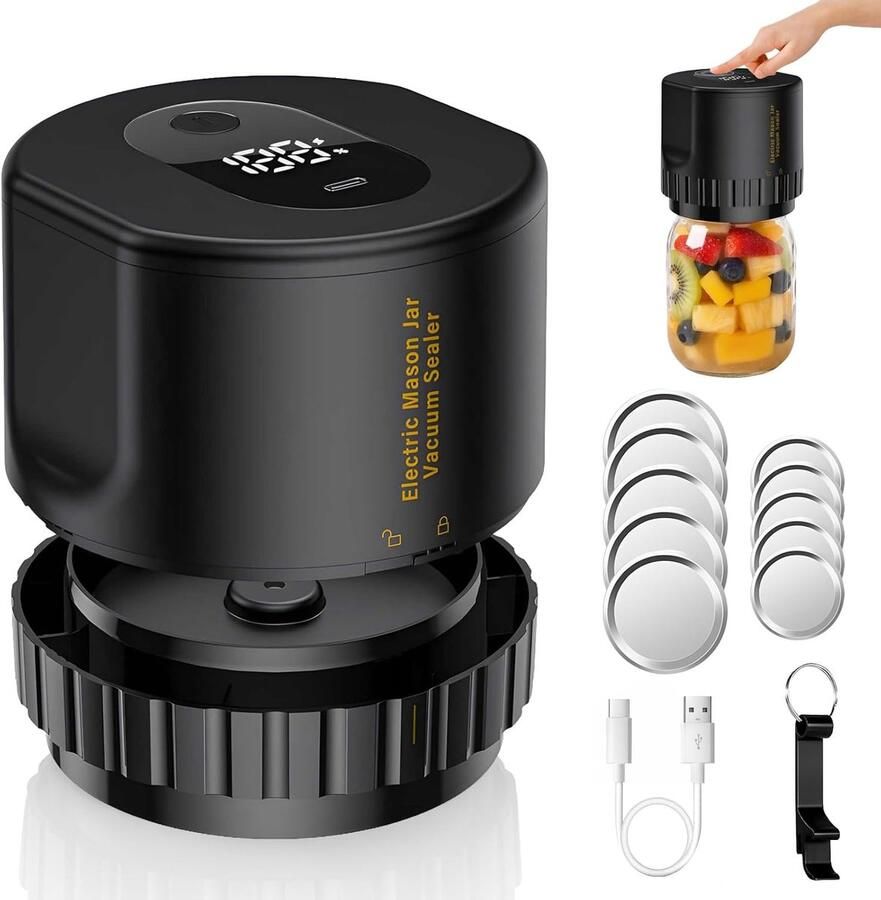 CHOOLY Automatische Vacuümverzegelaar Voor Potten Ingebouwde Oplaadbare Batterij 10 Afsluitdeksels Flesopener En Etiketten Voedselveilig Abs En Siliconen Compact En Draagbaar Zwart
