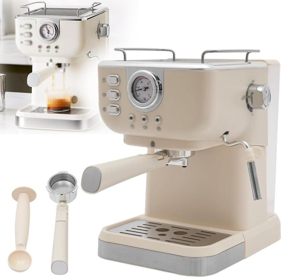 CHOOLY Espressomachine Met Stoom melkschuimer 20 Bar Pomp drukmeter 1 5L Waterreservoir Lekbak Voor Cappuccino Latte Macchiato En Meer Beige Wit