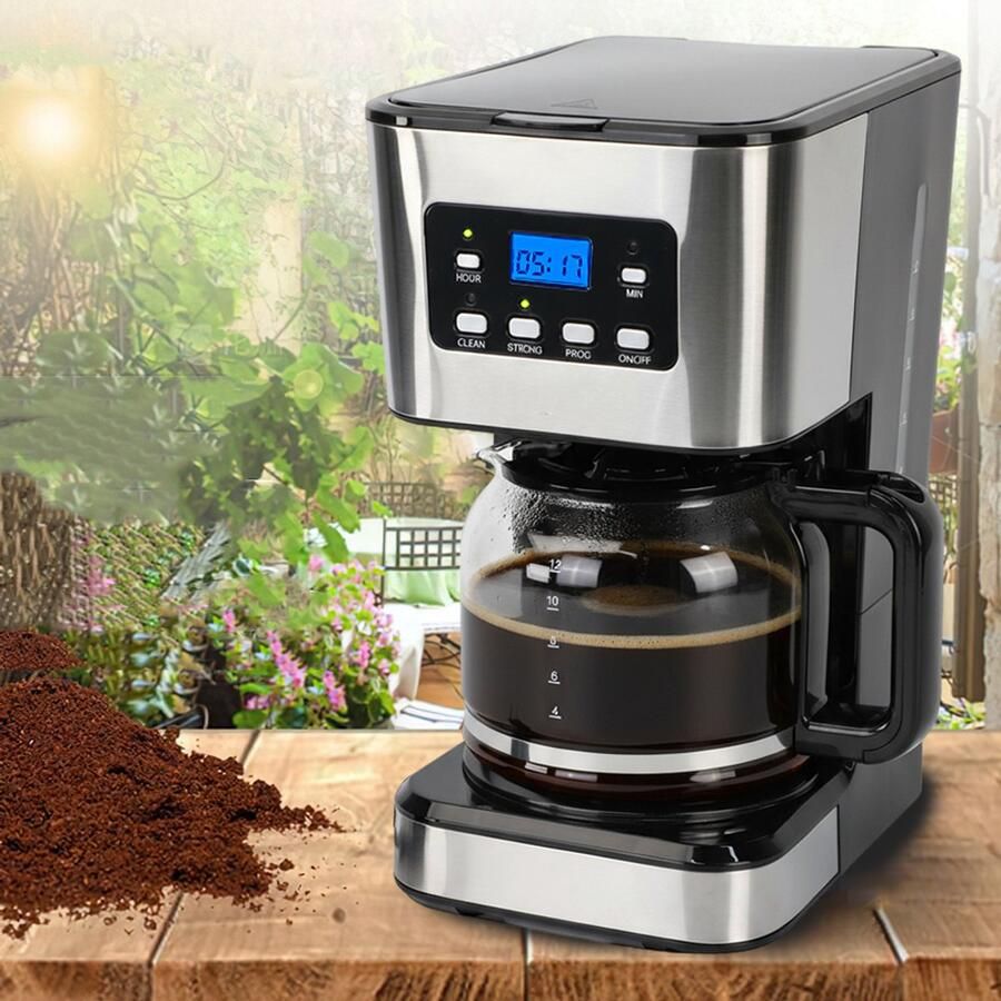 CHOOLY Koffiemachine Van 1 5 Liter Met Timer Isolatiefunctie Anti-Druppelsysteem En Transparant Venster 950W Snelzetten 2 Uur Warmhouden Automatische Uitschakeling Voor Thuis Kantoor En Studentenkamers Zwart En Zilver