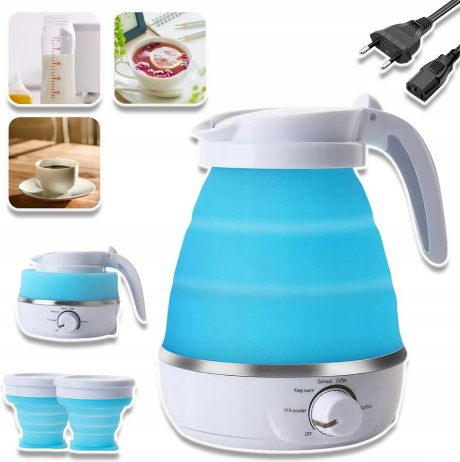 CHOOLY Opvouwbare Siliconen Waterkoker Van 600 ml 5 Temperatuurstanden Droogkookbeveiliging Basis Van 304 Roestvrij Staal BPA-Vrij Draagbaar Met Twee Kopjes Voor Op Reis Kamperen En Wandelen Blauw