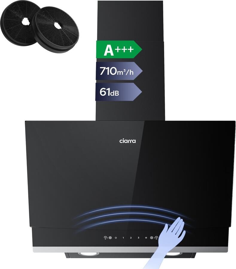 Ciarra CBCB6736A A+++ 710 m³ u Schuine Afzuigkap 60 cm Wandkappen 3 Standen SensorTouch Bediening& handgebarenbediening Zwart