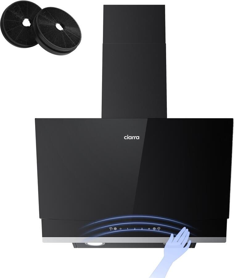 Ciarra CBCB6736A A+++ 710 m³ u Schuine Afzuigkap 60 cm Wandkappen- SensorTouch Bediening& handgebarenbediening -Recirculatie met Koolstoffilter & Afvoer-Zwart