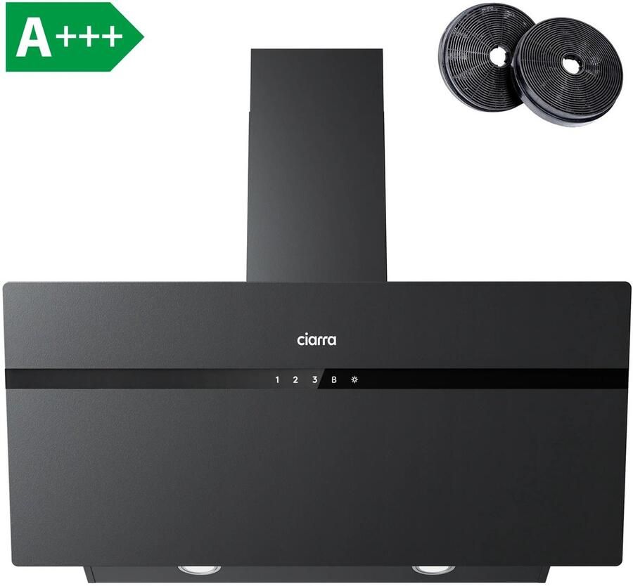 Ciarra CBCB9736H 90cm Schuine Afzuigkap Zwart – Melkglas met anti-vingerafdruk met WiFi inclusief set koolstoffilters – 650m3 energieklasse A+++