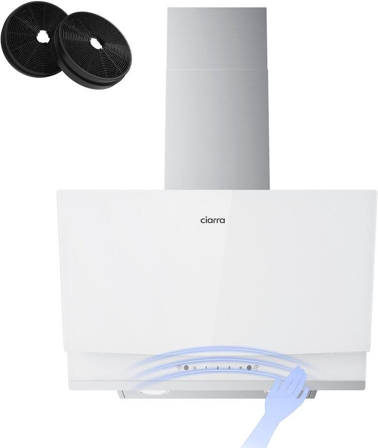 Ciarra CBCW6736A A+++ 710 m³ u Schuine Afzuigkap 60 cm Wandkappen 3 Standen SensorTouch Bediening& handgebarenbediening Recirculatie met Koolstoffilter & AfvoerWit