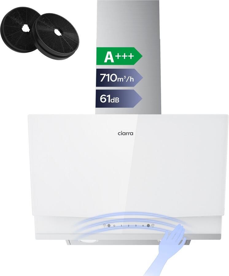 Ciarra CBCW6736A A+++ 710 m³ u Schuine Afzuigkap 60 cm Wandkappen 3 Standen SensorTouch Bediening& handgebarenbediening Wit