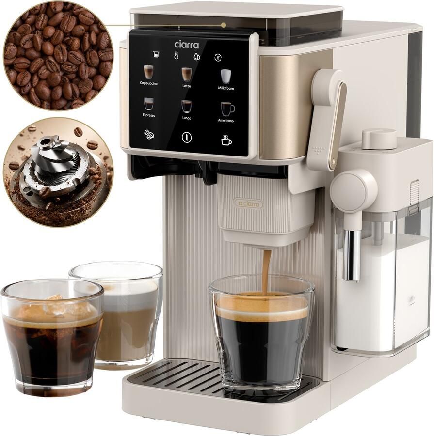 Ciarra CBSACM-D6 Pistonmachine met Koffiemolen en Melkopschuimer Halfautomatische Espressomachine met Touchscreen 15 Bar Drukpomp – Voor Espresso Cappuccino Latte en Americano