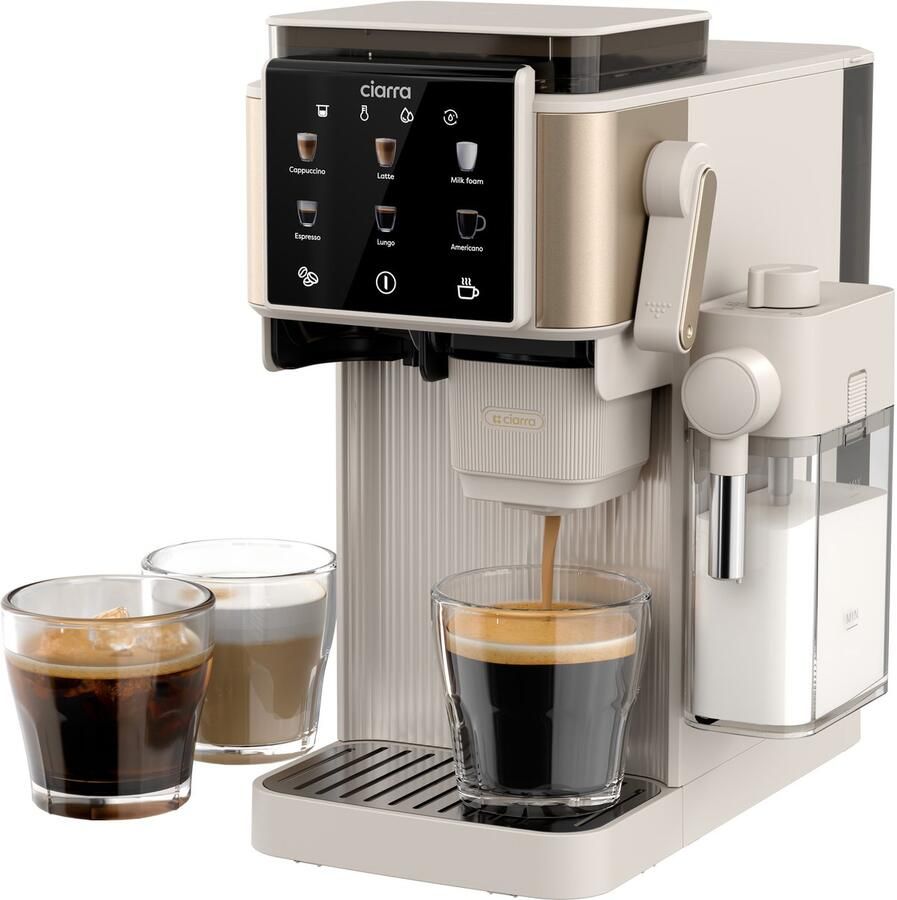 Ciarra CBSACM-D6 Pistonmachine met Koffiemolen en Melkopschuimer Halfautomatische Espressomachine met Touchscreen 15 Bar Drukpomp – Voor Espresso Cappuccino Latte en Americano