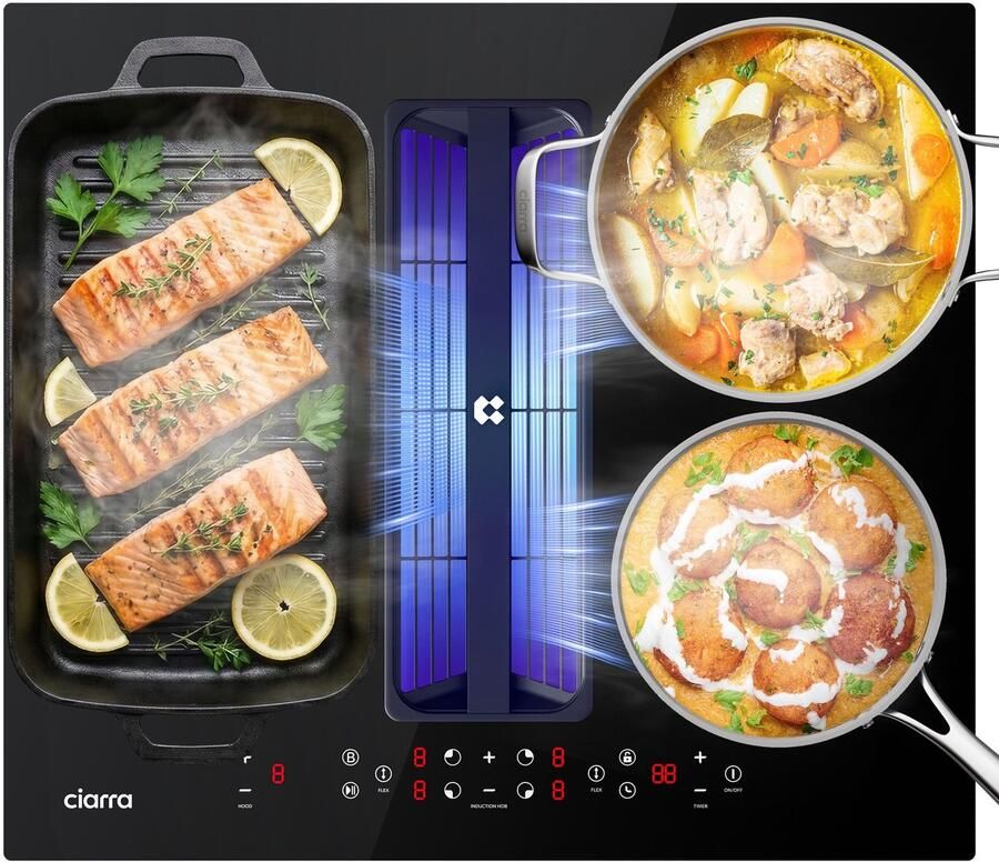 Ciarra ONE VMB594BBFFEH Kookplaat met Afzuigkap 60 cm Inductiekookplaat 4 zones Wasbaar herbruikbaar en droogbaar Zeolietfilter Plasma⁺-Systemm 2 Flexzone Boost Touch Control