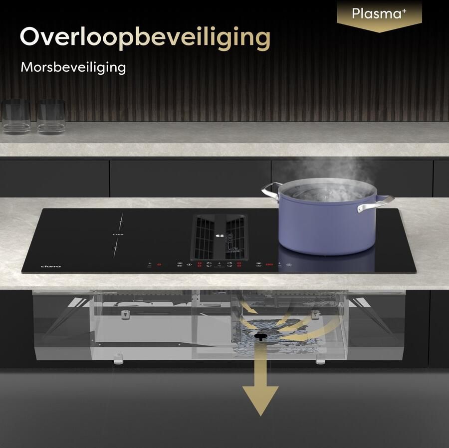 Ciarra ONE VMB834BBFEH Kookplaat met Afzuigkap 83 cm Inductiekookplaat 4 zones Wasbaar herbruikbaar en droogbaar Zeolietfilter Plasma⁺-Systemm Flex Zone Boost 7165 W