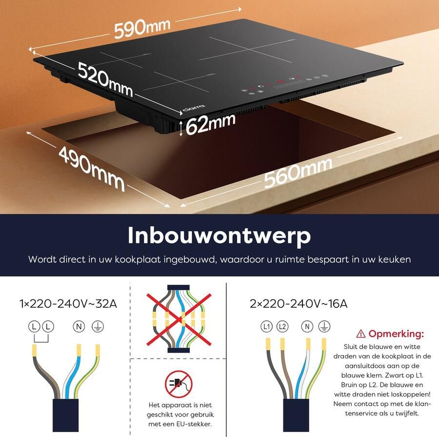 Ciarra VM3BBIH Inbouw inductiekookplaat 60 cm Inbouw Kookplaat 3 zones Boostfunctie 6600 W