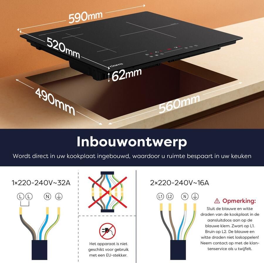 Ciarra VM3BFBIH Inbouw inductiekookplaat 60 cm Inbouw Kookplaat 3 zones Boost FlexZone 6600 W