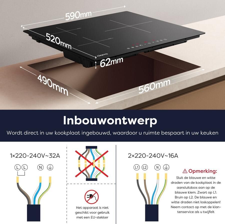 Ciarra VM3BIH Inbouw inductiekookplaat 60 cm Inbouw Kookplaat 3 zones Boostfunctie Stop & Go 6200 W