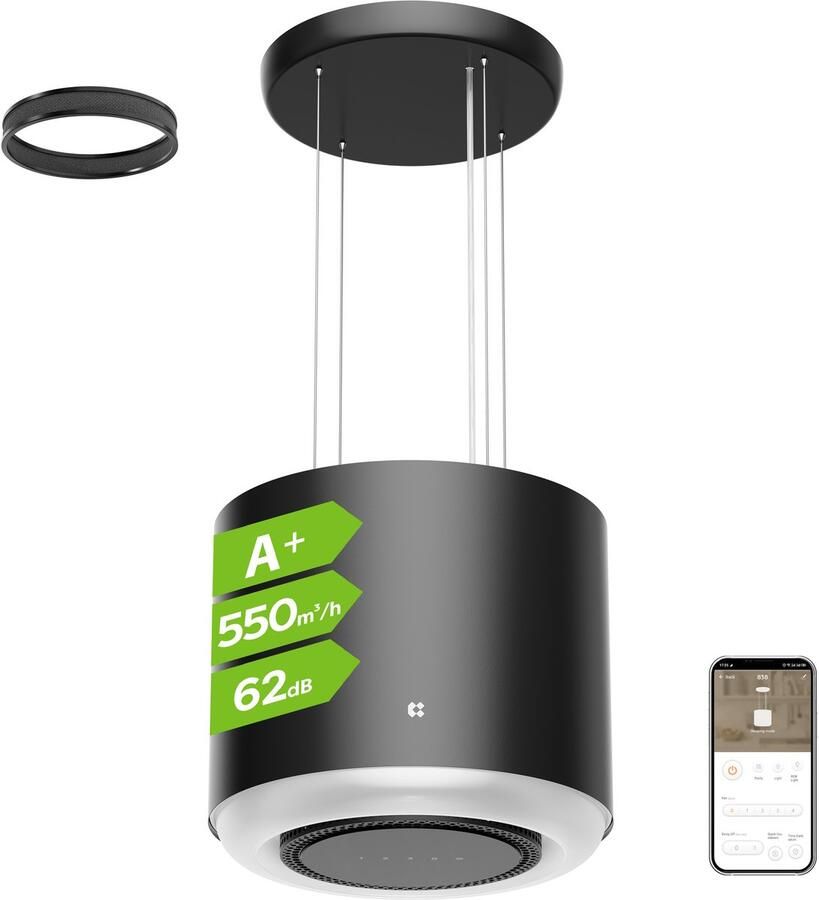 Ciarra VM4838 Kookeiland Afzuigkap Eilandkap A+ 550 m³ u- App & Touch Bediening 4 Standen incl. BOOS Recirculatie Zwart
