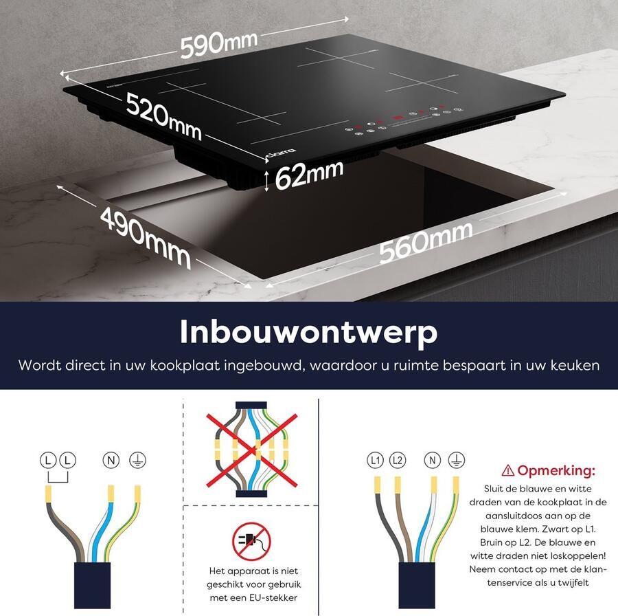 Ciarra VM4BFBIH Inbouw inductiekookplaat 60 cm Inductie Kookplaat 4 zones Boostfunctie FlexZone 7200 W