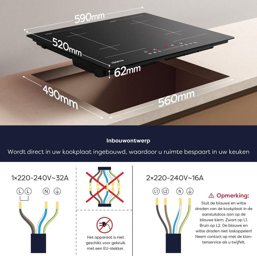 Ciarra VM4BFFBIH Inbouw inductiekookplaat 60 cm Inductie Kookplaat 4 zones Boost 2-FlexZones 7200 W