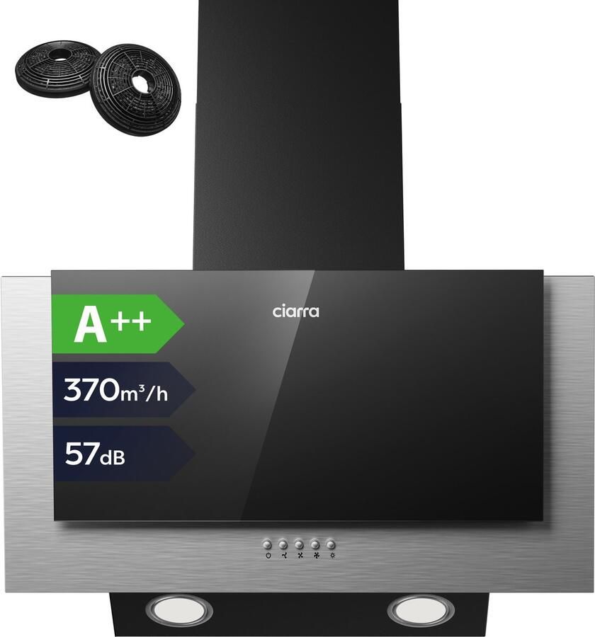 Ciarra VM6736CB Schuine Afzuigkap 60 cm A++ 370 m³ u met LED Recirculatie & Luchtafvoer Inclusief Koolstoffilters