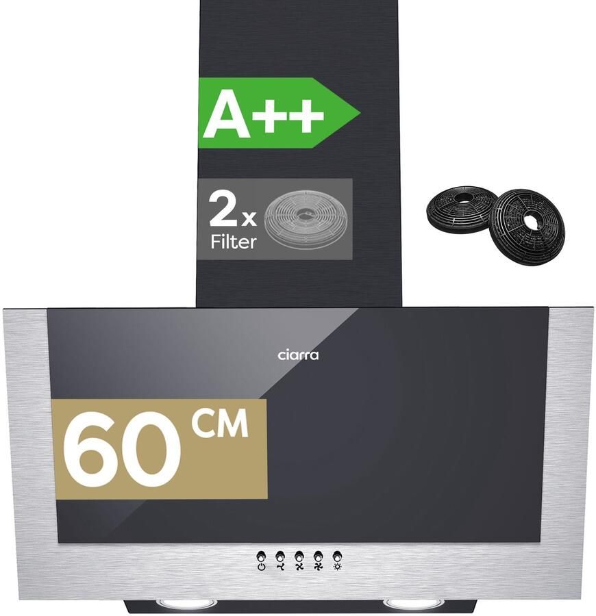 Ciarra VM6736CB Schuine Afzuigkap 60 cm A++ 370 m³ u met LED Recirculatie & Luchtafvoer Inclusief Koolstoffilters