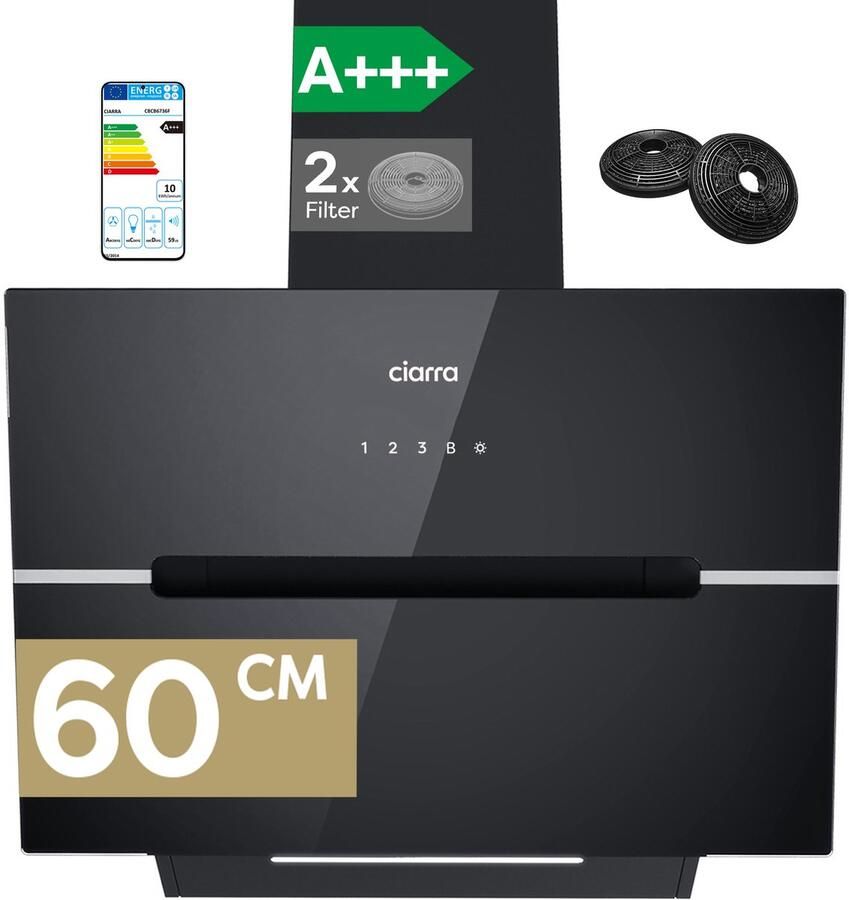 Ciarra VM6736FB A+++ 650 m³ u Schuine Afzuigkap 60 cm met BOOST 4 Standen Wi-Fi & Touchbediening & App