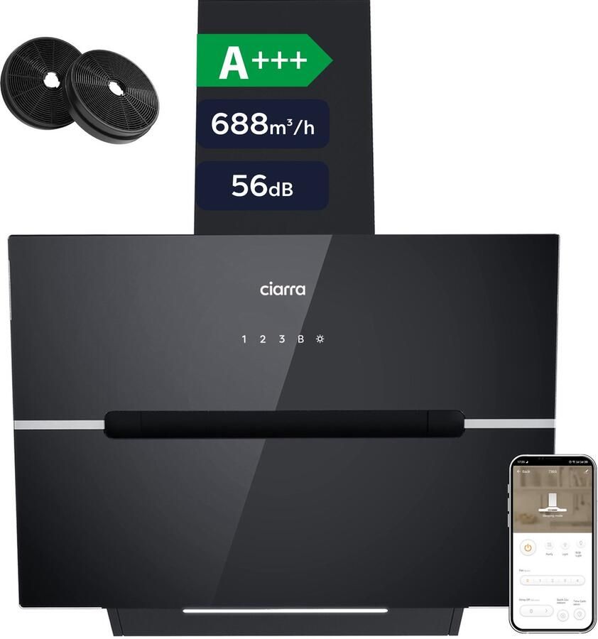 Ciarra VM6736FB A+++ 688 m³ u Schuine Afzuigkap 60 cm met BOOST 4 Standen Wi-Fi & SensorTouch Bediening& App Koolstoffilters meegeleverd - Foto 3