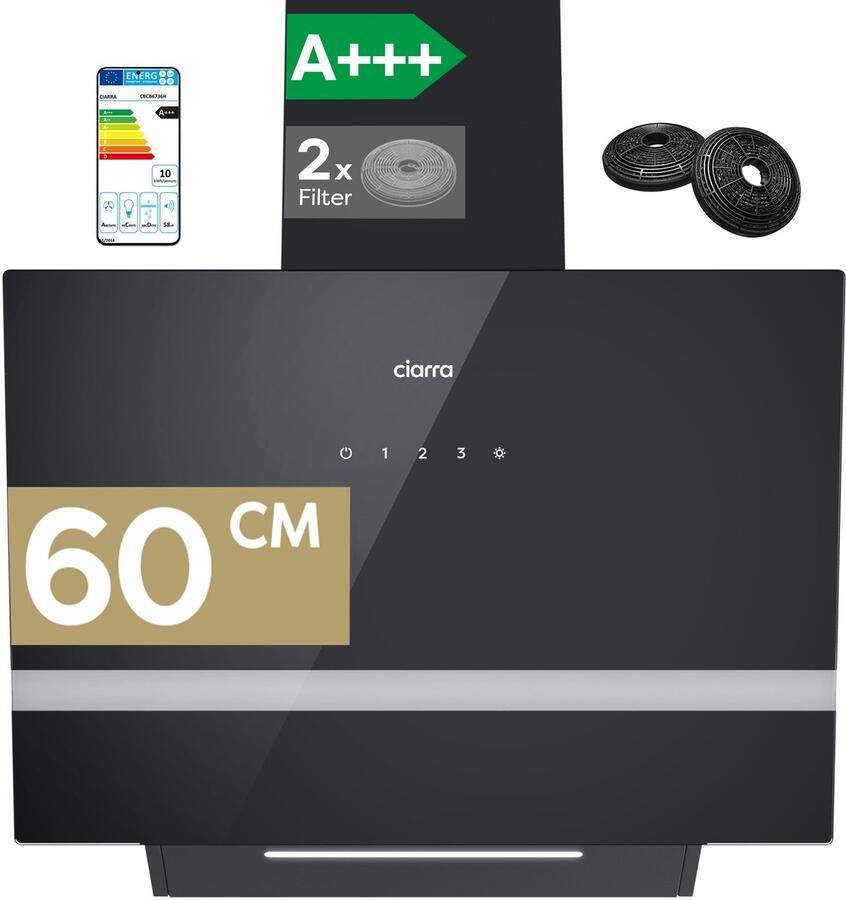 Ciarra VM6736HB A+++ 650 m³ u Schuine Afzuigkap 60 cm 4 Standen incl. BOOST Wi-Fi & Touchbediening zwart