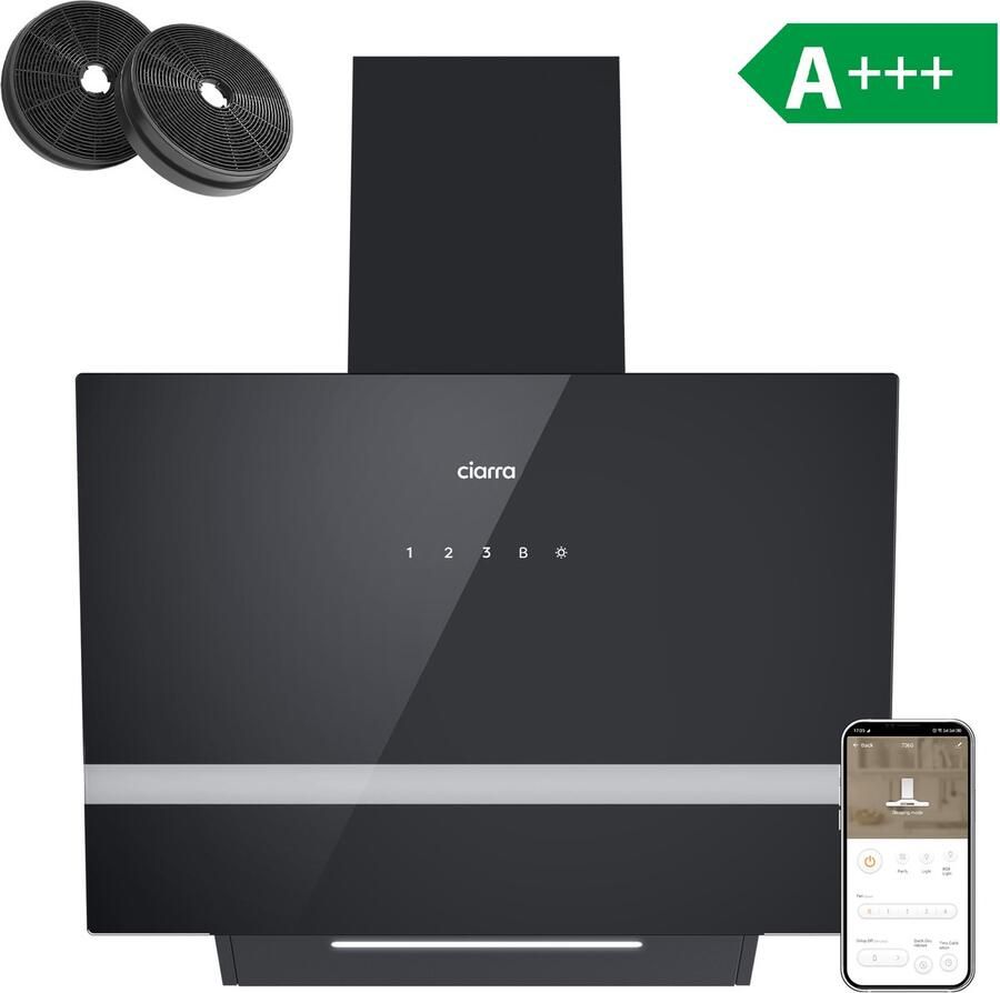 Ciarra VM6736HB A+++ 685 m³ u Schuine Afzuigkap 60 cm 4 Standen incl. BOOST Recirculatie & Luchtafvoer-incl. Koolstoffilter Wi-Fi & SensorTouch Bedieningzwart