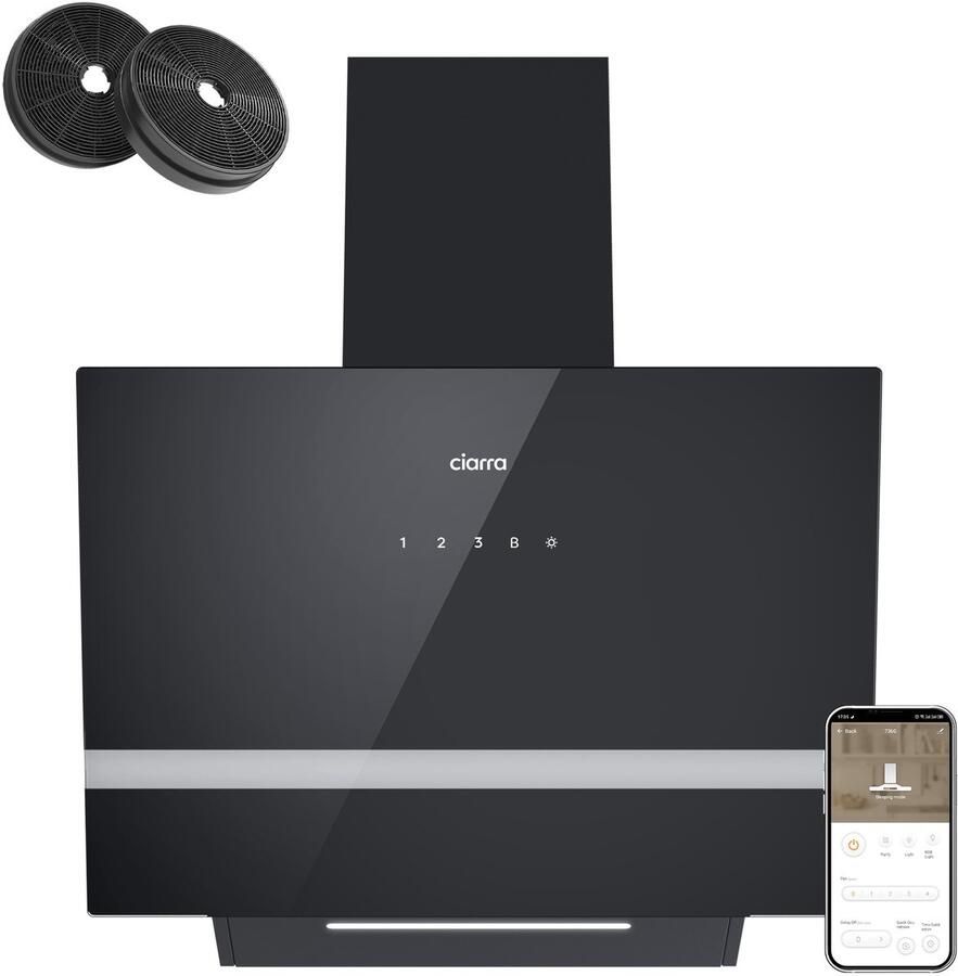 Ciarra VM6736HB A+++ 685 m³ u Schuine Afzuigkap 60 cm 4 Standen incl. BOOST Recirculatie & Luchtafvoer-incl. Koolstoffilter Wi-Fi & SensorTouch Bedieningzwart