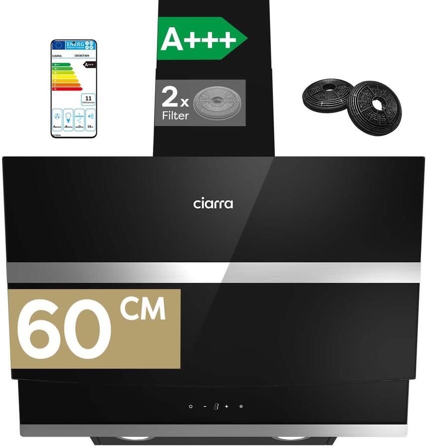 Ciarra VM6736NB- A+++ 650 m³ u Schuine Afzuigkap 60 cm met BOOST 4 Standen Wi-Fi & Touchbediening LED