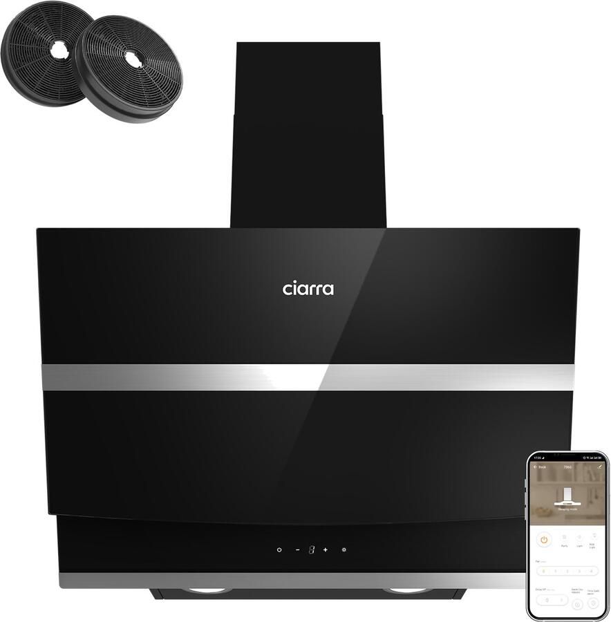 Ciarra VM6736NB- A+++ 692 m³ u Schuine Afzuigkap 60 cm Recirculatie & Luchtafvoer incl. Koolstoffilter met BOOST 4 Standen Wi-Fi SensorTouch Bediening LED Zwart